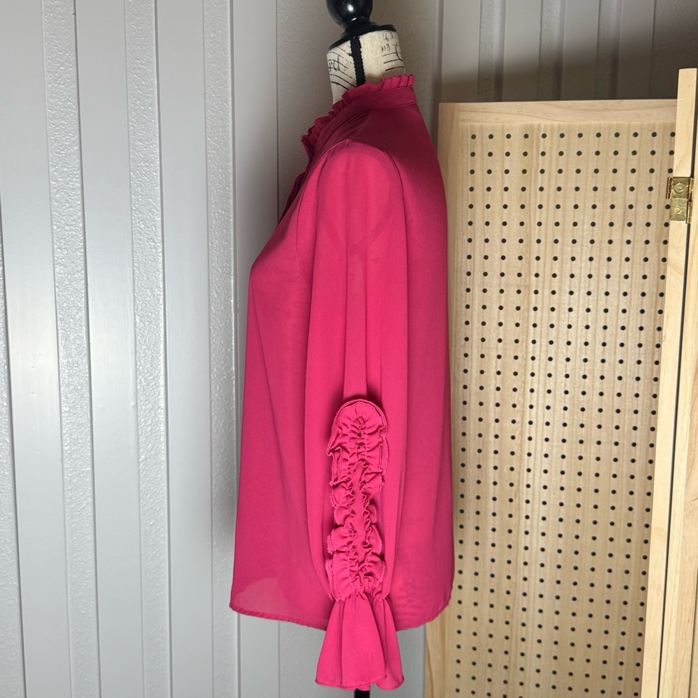 Zara Basic Hot Pink Ruffle Mock‎ Neck Blouse (Size S) Y2K, casual, workwear - Picture 6 of 8